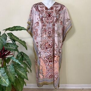 Gypsie Blu Kaftan women’s one size Kimono sleeves Cover Up Long Dress green trim